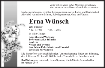 Traueranzeige von Erna Wünsch von Südthüringer Presse