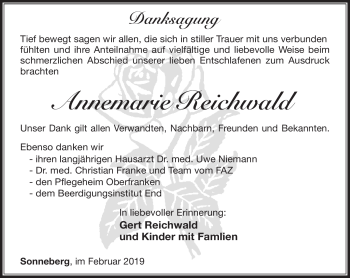 Traueranzeige von Annemarie Reichwald von Südthüringer Presse