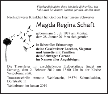 Traueranzeige von Magda Schaft von Südthüringer Presse