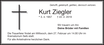 Traueranzeige von Kurt Ziegler von Frankenpost