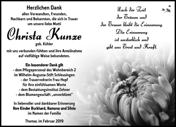 Traueranzeige von Christa Kunze von Südthüringer Presse