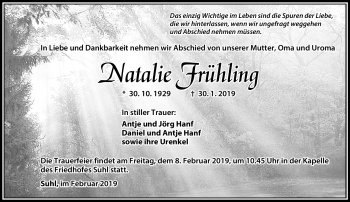 Traueranzeige von Natalie Frühling von Südthüringer Presse