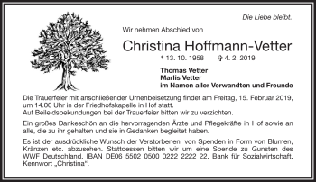 Traueranzeige von Christina Hoffmann-Vetter von Frankenpost