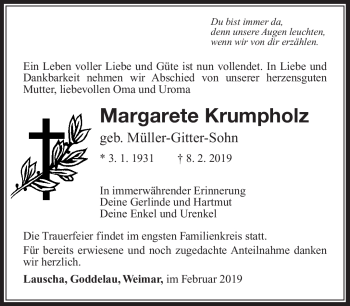 Traueranzeige von Margarete Krumpholz von Südthüringer Presse