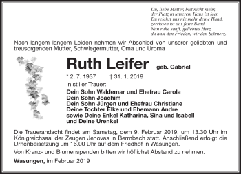 Traueranzeige von Ruth Leifer von Südthüringer Presse