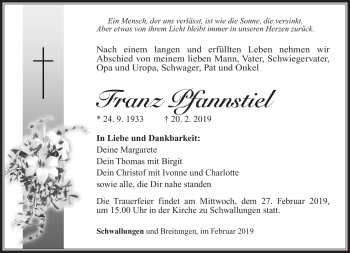 Traueranzeige von Franz Pfannstiel von Südthüringer Presse
