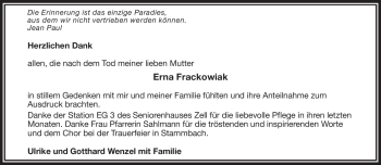 Traueranzeige von Erna Frackowiak von Frankenpost