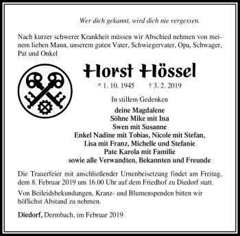 Traueranzeige von Horst Hössel von Südthüringer Presse