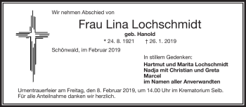 Traueranzeige von Lina Lochschmidt von Frankenpost