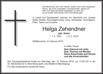 Traueranzeige von Helga Zehendner von Frankenpost
