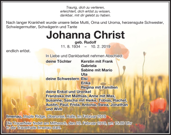 Traueranzeige von Johanna Christ von Südthüringer Presse