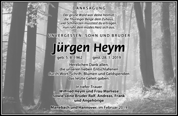 Traueranzeige von Jürgen Heym von Südthüringer Presse
