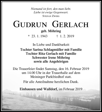 Traueranzeige von Gudrun Gerlach von Südthüringer Presse