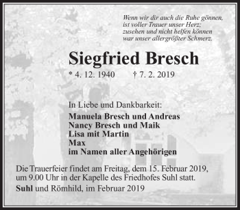 Traueranzeige von Siegfried Bresch von Südthüringer Presse