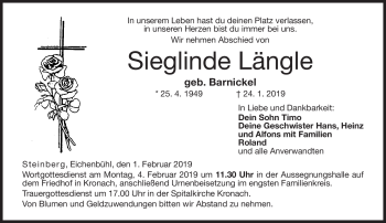 Traueranzeige von Sieglinde Längle von Neue Presse Coburg