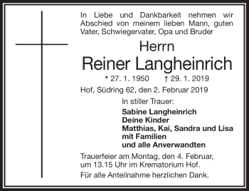 Traueranzeige von Reiner Langheinrich von Frankenpost