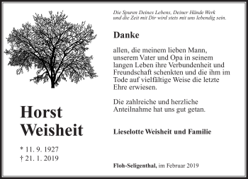 Traueranzeige von Horst Weisheit von Südthüringer Presse