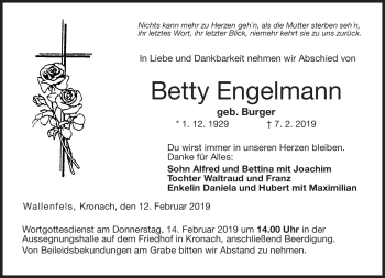 Traueranzeige von Betty Engelmann von Neue Presse Coburg