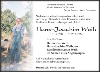 Traueranzeige von Hans-Joachim Weih von Südthüringer Presse