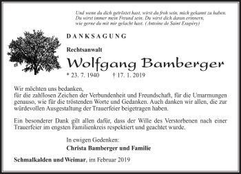 Traueranzeige von Wolfgang Bamberger von Südthüringer Presse