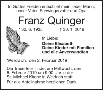 Traueranzeige von Franz Quinger von Neue Presse Coburg