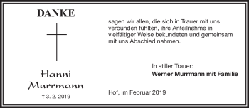 Traueranzeige von Hanni Murrmann von Frankenpost