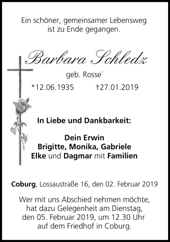 Traueranzeige von Barbara Schledz von Neue Presse Coburg