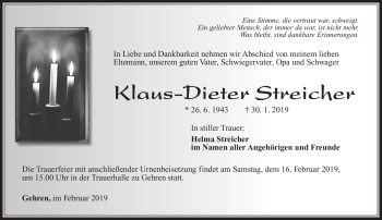 Traueranzeige von Klaus-Dieter Streicher von Südthüringer Presse