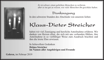 Traueranzeige von Klaus-Dieter Streicher von Südthüringer Presse