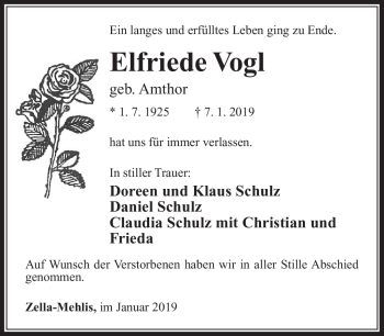 Traueranzeige von Elfriede Vogl von Südthüringer Presse