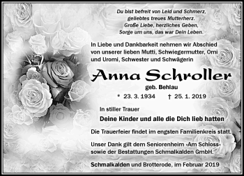 Traueranzeige von Anna Schroller von Südthüringer Presse