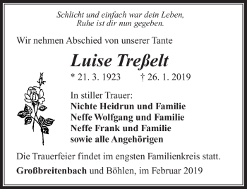Traueranzeige von Luise Treßelt von Südthüringer Presse