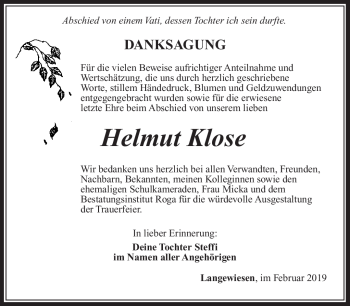 Traueranzeige von Helmut Klose von Südthüringer Presse
