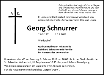 Traueranzeige von Georg Schnurrer von Frankenpost