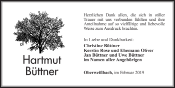 Traueranzeige von Hartmut Büttner von Südthüringer Presse