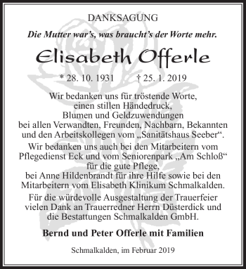 Traueranzeige von Elisabeth Offerle von Südthüringer Presse