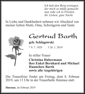 Traueranzeige von Gertrud Barth von Südthüringer Presse