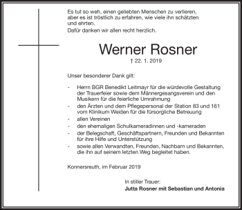 Traueranzeige von Werner Rosner von Frankenpost