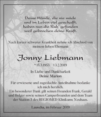 Traueranzeige von Jonna Liebermann von Südthüringer Presse