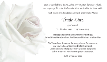 Traueranzeige von Trude Linz von Südthüringer Presse