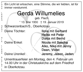 Traueranzeige von Gerda Willumelies von Frankenpost