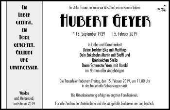 Traueranzeige von Hubert Geyer von Südthüringer Presse