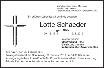 Traueranzeige von Lotte Schaeder von Neue Presse Coburg
