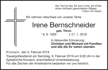 Traueranzeige von Irene Bernschneider von Neue Presse Coburg