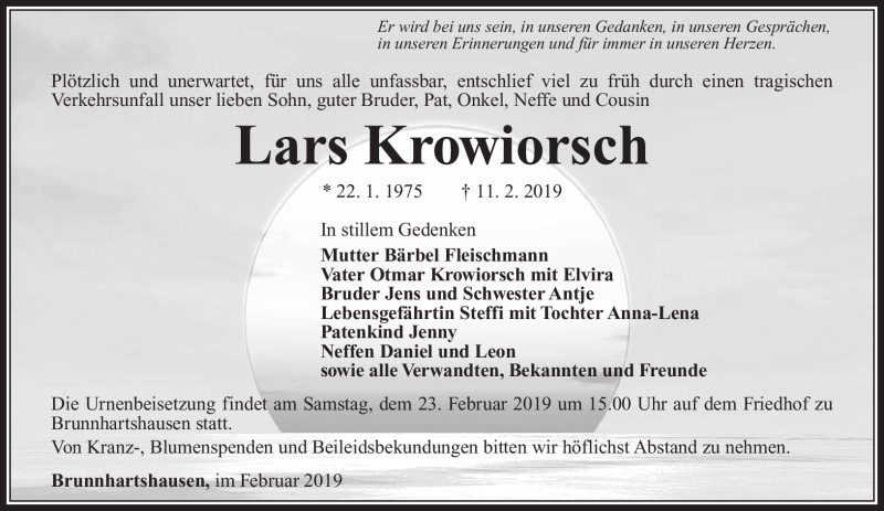  Traueranzeige für Lars Krowiorsch vom 20.02.2019 aus Südthüringer Presse