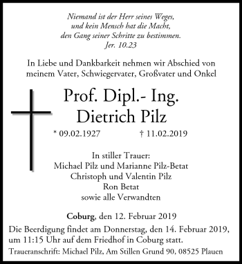 Traueranzeige von Prof. Dipl.-Ing.Dietrich Pilz von Neue Presse Coburg