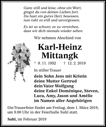 Traueranzeige von Karl-Heinz Mittangk von Südthüringer Presse