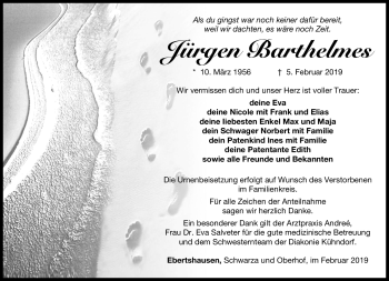 Traueranzeige von Jürgen Barthelmes von Südthüringer Presse