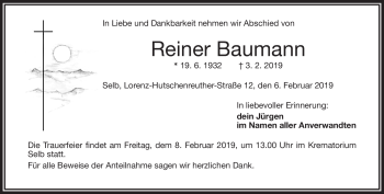 Traueranzeige von Reiner Baumann von Frankenpost