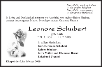 Traueranzeige von Leonore Schubert von Südthüringer Presse